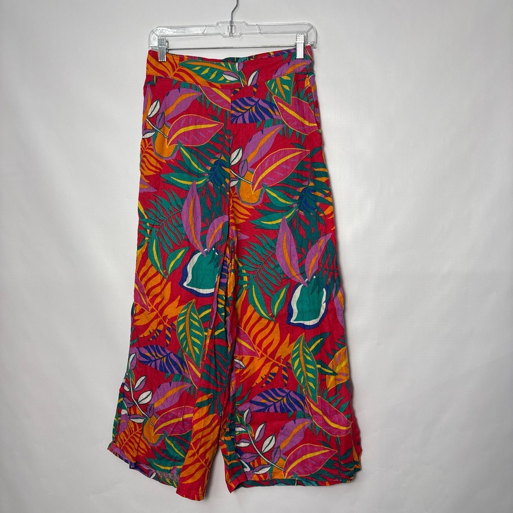C&C California 100% Linen Tropical Leaf Print Wide Leg Crop Pants Red Small